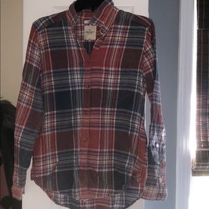 Plaid button down top.